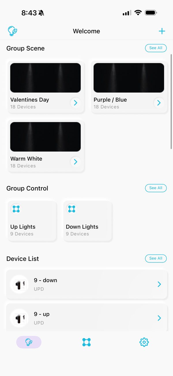 Mighty Lights app showing Welcome screen with saved group scenes