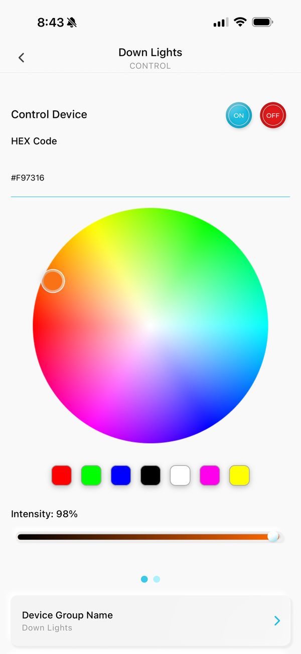 App color wheel controlling full spectrum of pool cage LED colors