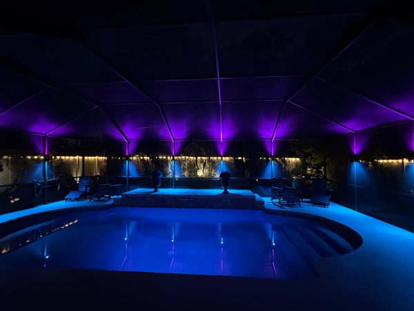 Pool cage with deep purple party scene and string lights in Westchase